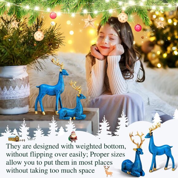 4 Pcs Blue, Gold Standing Sitting Deer Christmas Figurine Statue for Home Indoor - Picture 5 of 7